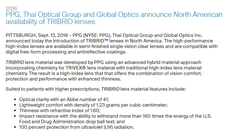 PPG, Thai Optical Group and Global Optics announce North American availability of TRIBRID lenses